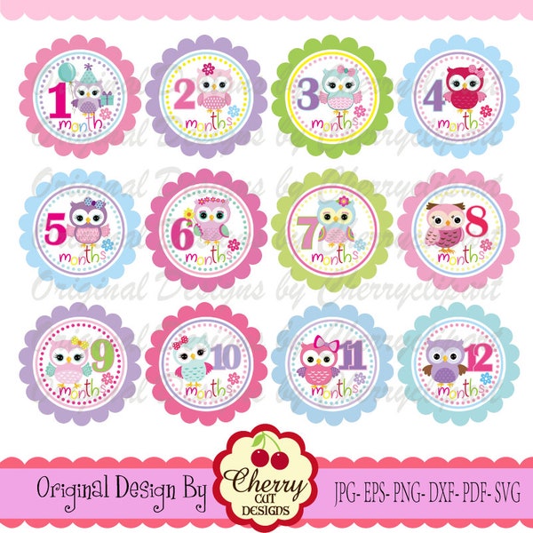 Cute Owls Baby 1-12 Months Circles Set Personal and Commercial Use -for paper crafts,card making,scrapbooking,and web design