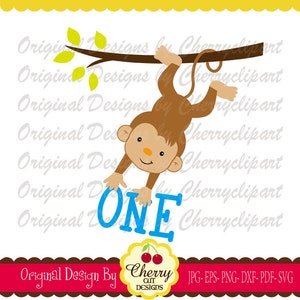 Op de afbeelding: Een cartoon aap hangt aan een bruine tak met groene bladeren. De aap houdt het woord "ONE" in blauw vast. Het ontwerp bevat de tekst "Original Design By Cherry Cut Designs".