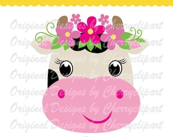 Cow Face svg, Cow girl with flowers, Farm Animal svg Silhouette & Cricut Cut, Cow clip art, cow T-shirt iron on, Tranfer printing AN120