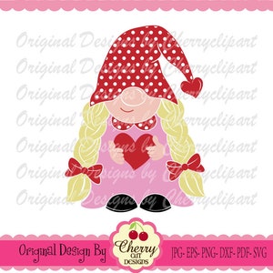 Valentines Day Gnome Girl svg,Sweet Gnome, Love, heart svg Silhouette & Cricut Cut Files,  Gnome Clip Art, T-Shirt, Iron on, Transfer VTN53