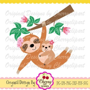 Bradipo mamma e cucciolo svg, Bradipo con fiori svg, Festa della mamma svg Silhouette e design Circut Cut, Clip art, T-shirt da stirare AN107