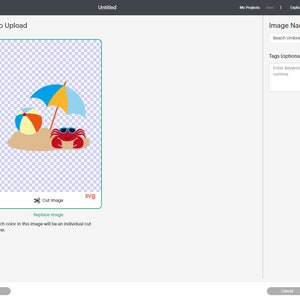 May include: A digital illustration of a beach scene with a red crab, a beach umbrella, and a beach ball. The image is on a transparent background.