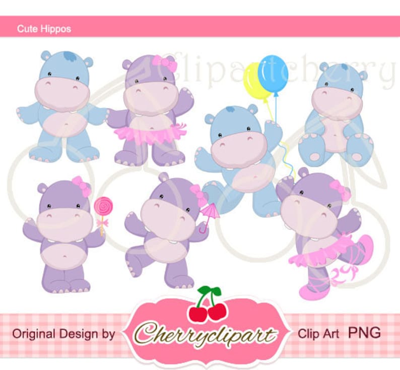 May include: Set of eight cute cartoon hippopotamus illustrations. The hippos are in various poses, including holding a lollipop, a balloon, and an umbrella. Some of the hippos are wearing pink tutus and bows. The illustrations are in a cartoon style and are perfect for use in children's books, cards, and other projects.