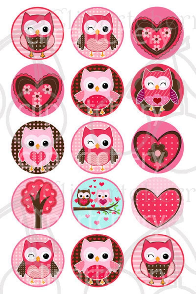 Valentine Cute Owls 1 Inch Digital Circles Design 4x6-15 Images 4x6 Sheet image 1