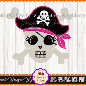 Piraten Schädel Mädchen svg png Silhouette & Cricut Design, Piraten Schädel Clip Art, T-Shirt, Aufbügeln, Transfer DIGIHL116