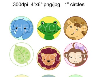 Safari Jungle Animals-1inch circles Bottle Cap Collage Digi Art Set