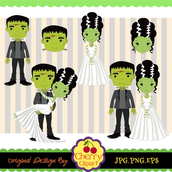 Halloween Frankenstein and his Bride Clip Art - HALLOWEEN NO.13 -Halloween Clip Art-Personal and Commercial Use