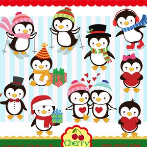 Holiday penguins digital clip art set 1 CH0026,Cute Playful Penguins digital clipart for-Personal and Commercial Use