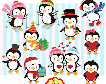 Holiday penguins digital clip art set 1 CH0026,Cute Playful Penguins digital clipart for-Personal and Commercial Use