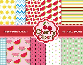 Summer Party Digital Papers Set, Watermelon Digital papers,Summer Papers for Card Design, Scrapbooking, and Web Design