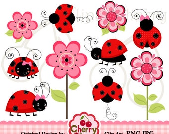 Rot und schwarz Marienkäfer Blumen digital Clipart set für persönliche und kommerzielle Verwendung-Kartengestaltung, Scrapbooking und Webdesign