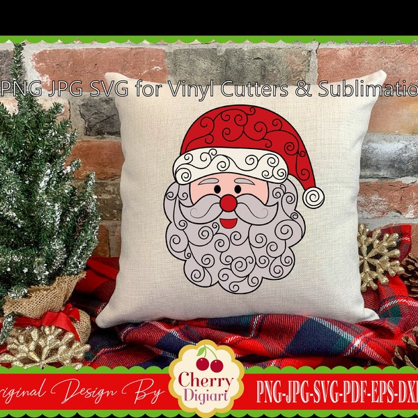 Christmas Swirly Santa face svg png jpg Silhouette & Cricut Cut Files,  Clip Art, T-Shirt, Iron on, Transfer CHSVG132