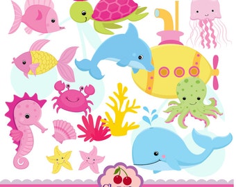 Submarine And Sea Creatures for girls set-Personal and Commercial Use-paper crafts,card making,scrapbooking,web design