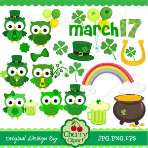 Saint Patrick's Day Cute OWLS Digital Clipart Set -St Patricks Day Elements-Personal and Commercial Use