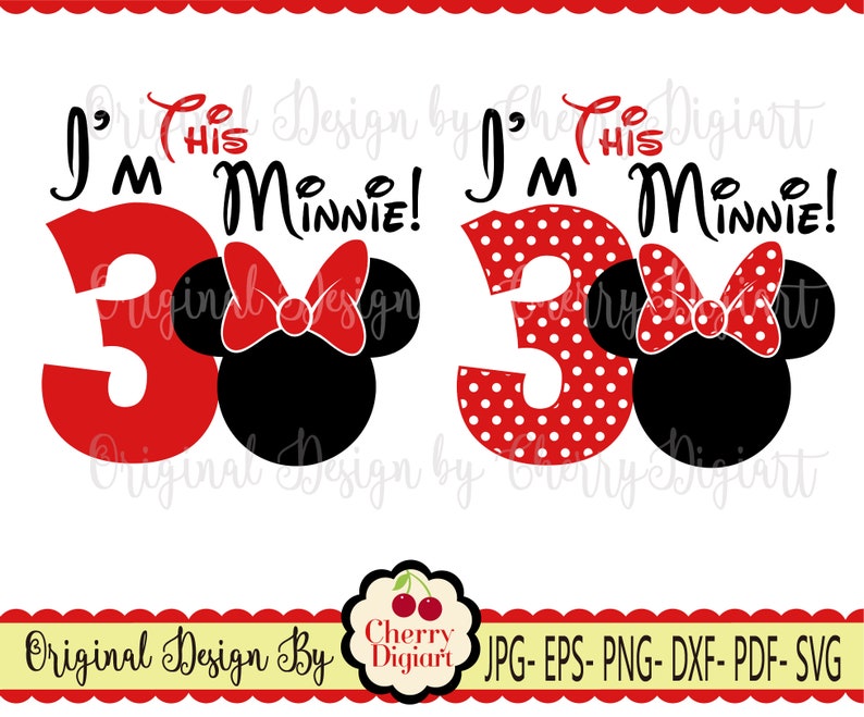 Może przedstawiać: Czerwona liczba 3 w białe kropki z tekstem "I'm his Minnie!" i czarną sylwetką głowy Minnie Mouse z czerwoną kokardką. Liczba 3 jest czerwona z tekstem "I'm his Minnie!" i czarną sylwetką głowy Minnie Mouse z czerwoną kokardką.