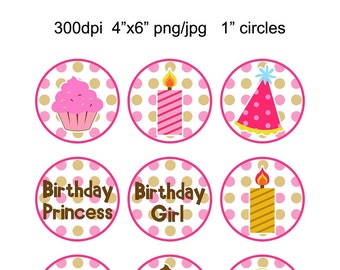 Birthday Girl Bottle Cap Set Polka dot 1 Inch Circles Round Graphics Digital Collage 4x6