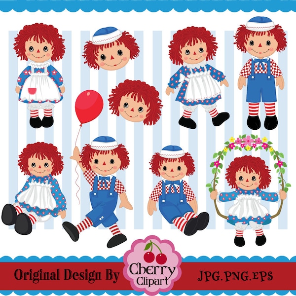 Raggedy Ann and Andy- Raggedy Annie  Rag Doll Digital Clipart Set -Personal and Commercial Use