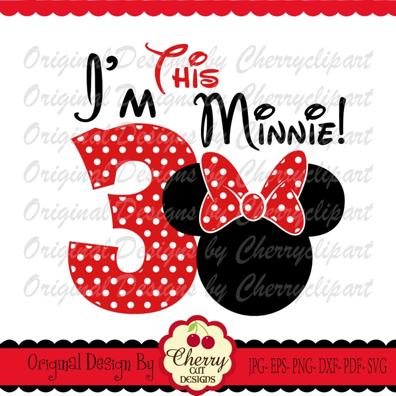 Może przedstawiać: Czerwona liczba trzy w białe kropki z czarną sylwetką głowy Minnie Mouse z czerwoną kokardką w białe kropki. Tekst "I'm his Minnie!" jest napisany czarnym kolorem nad liczbą i Minnie Mouse.