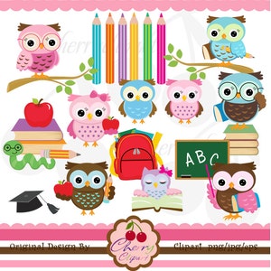 Conjunto de clipart digital de corujas escolares para - uso pessoal e comercial - artesanato em papel, criação de cartões, scrapbooking, web design