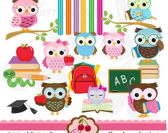 School owls digital clipart set  for -Personal and Commercial Use-paper crafts,card making,scrapbooking,web design