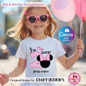 May include: A white t-shirt with a pink and black Minnie Mouse design and the text "I'm Two DLES!"  The shirt is personalized with the text "your name".