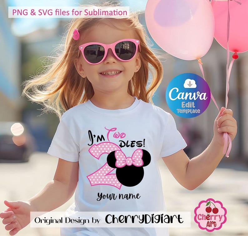 May include: A white t-shirt with a pink and black Minnie Mouse design and the text "I'm Two DLES!"  The shirt is personalized with the text "your name".