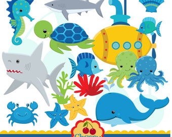 Submarine And Sea Creatures for boys set -Personal and Commercial Use-paper crafts,card making,scrapbooking,web design