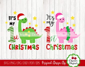 Adorable Christmas Dinosaur SVG | Baby's First Christmas Shirt Digital Download
