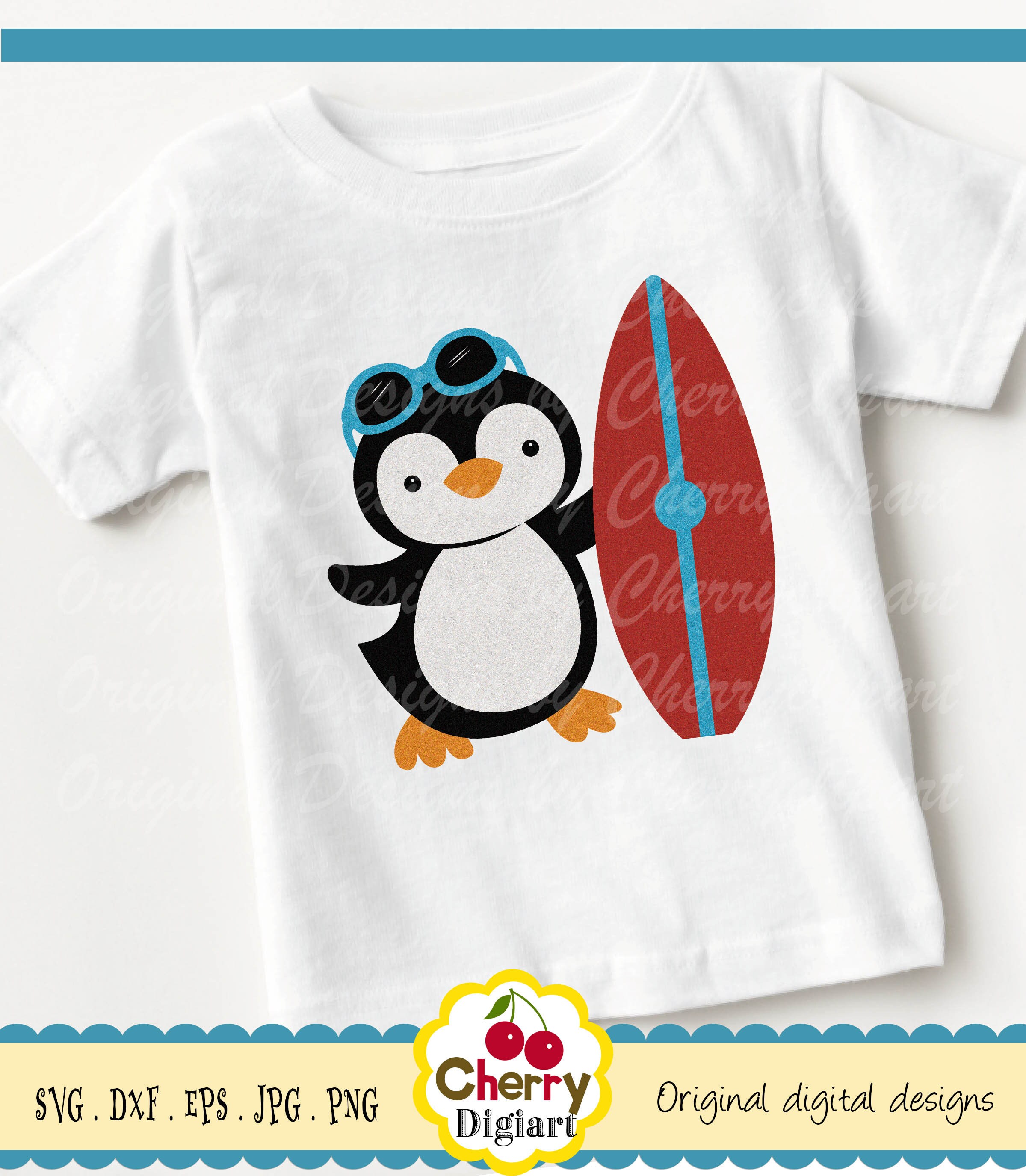 Penguin SVG DXF, Surfboard Penguin Summer Silhouette Cut Files