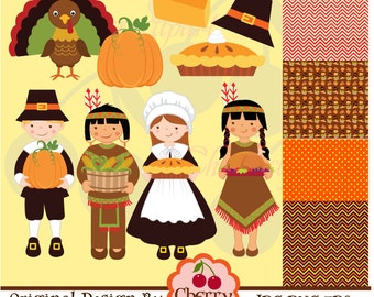 Thanksgiving Pilgrim Kids Digital Clipart and Papers Set -Personal and Commercial Use-paper crafts,card making,scrapbooking,web design