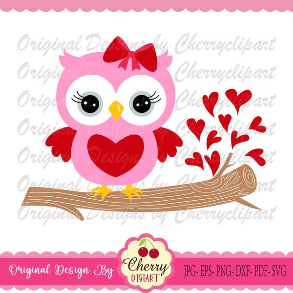 Owl svg png jpg, Valentine's Day Sweet owl on a hearts branch Silhouette & Circut Cut Files VTNSVG42