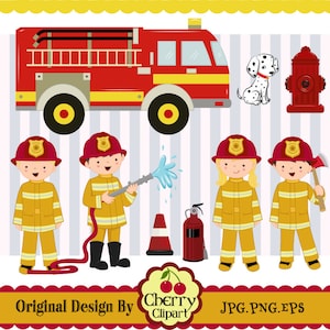 以下が含まれることがあります： 赤い消防車、ダルメシアン犬、消火栓、黄色と赤の制服を着た消防士4人を描いたクリップアートセット。消防士はホース、斧、コーンを持っています。画像の下部に「Original Design By Cherry Clipart JPG.PNG.EPS」というテキストがあります。
