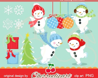 Ice Skating Snowman Digital Clipart Set-Personal and Commercial Use-for Card Design, Scrapbooking, and Web Design