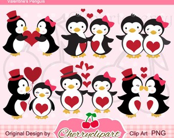 May include: Valentine's Day clip art featuring 10 penguin couples in various poses. The penguins are wearing red hearts, hats, and bows. The penguins are surrounded by red hearts.