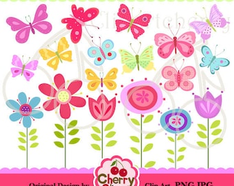 Pretty Butterflies and Flowers Digital Clipart Set for-Personal and Commercial Use-Card Design, Scrapbooking, and Web Design