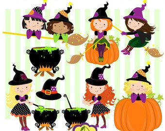 Halloween Cute Witches  Digital Clip Art HLCHERRY0001-Personal and Commercial Use