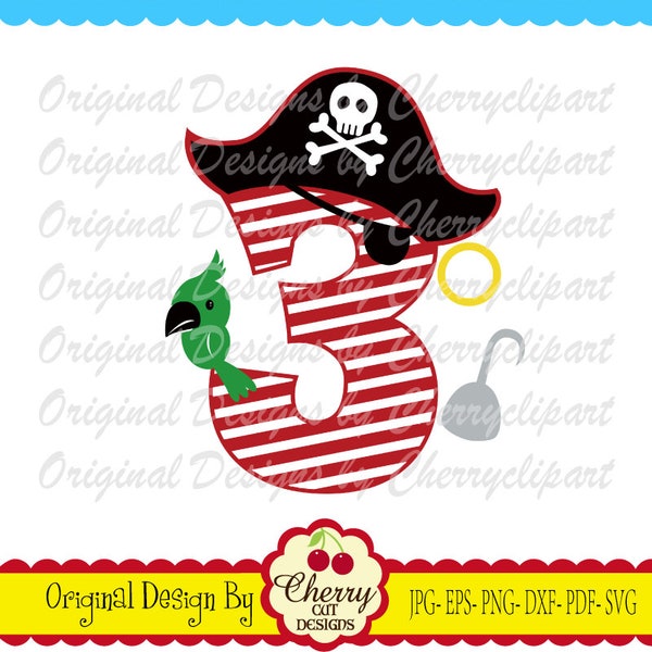 Pirate Number 3, Birthday Number 3 svg, Pirate's hat number 3 svg Silhouette & Cricut Cut design, TShirt, Iron on, Transfer BIR70