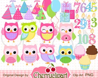 Birthday Owls Digital Clipart Set-the hats are separately,Birthday candles numbers 1 through 10 -Personal and Commercial Use