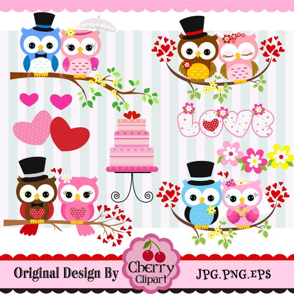 Wedding Owls,Couple owls,Wedding & Valentines' Day Digital Clip Art,Bride and Groom owls-Personal and Commercial Use