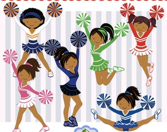 Dark Skin Cheerleader Clipart: Sport Mädchen Grafiken (PNG, EPS, JPG)