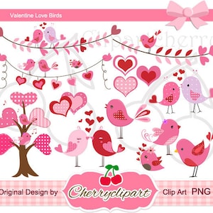 Ensemble de cliparts numériques Love Birds de la Saint-Valentin pour utilisation personnelle et commerciale - créations manuelles, fabrication de cartes, scrapbooking et conception de sites Web