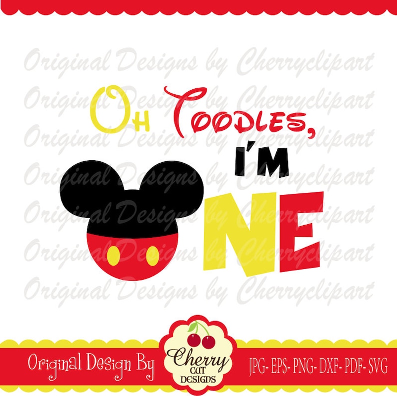 以下が含まれることがあります： ミッキーマウスの耳、赤と黄色の「I'm One」のグラフィック、そして「Oh Coodles」のテキストを特徴とするデジタルカットファイルデザインです。