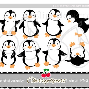 Black and White Penguins, Cute Playful Penguins digital clipart for-Personal and Commercial Use