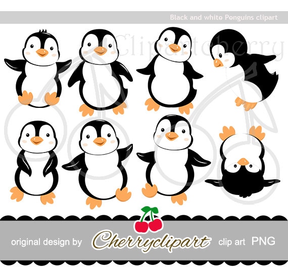 Black and White Penguins-Cute Playful Penguins digital clipart | Etsy