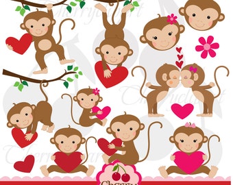 Monkey Love Digital Clipart set-Personal and Commercial Use-paper crafts,card making,scrapbooking,web design