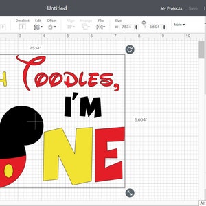 以下が含まれることがあります： ミッキーマウスの耳、黄色、赤、黒の文字で「Oh Toodles, I'm One」というテキスト、赤と黄色の数字1が描かれた誕生日カードのデジタルデザインです。