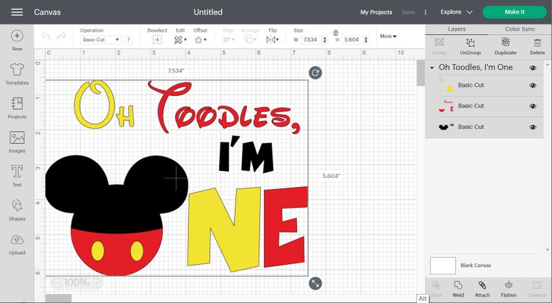 以下が含まれることがあります： ミッキーマウスの耳、黄色、赤、黒の文字で「Oh Toodles, I'm One」というテキスト、赤と黄色の数字1が描かれた誕生日カードのデジタルデザインです。