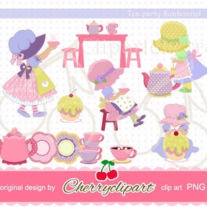 May include: A set of digital clip art images featuring girls in pink and blue dresses with bonnets, holding teacups and a teapot. The set also includes a cupcake, a table, chairs, and teacups. The text "Tea party Sunbonnet" is at the top of the image.