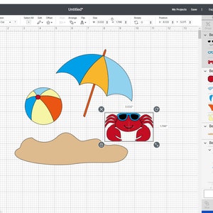 May include: A red crab wearing blue sunglasses is on a sandy beach with a yellow and blue beach ball and a blue and yellow beach umbrella.
