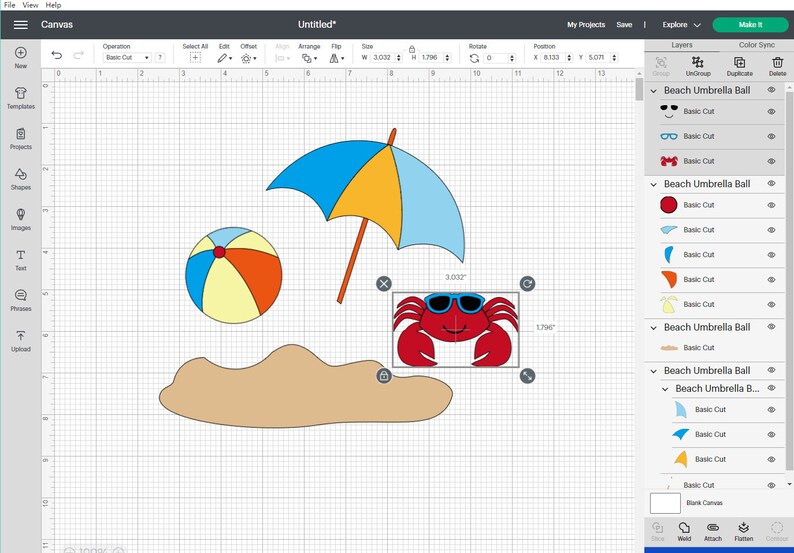May include: A red crab wearing blue sunglasses is on a sandy beach with a yellow and blue beach ball and a blue and yellow beach umbrella.